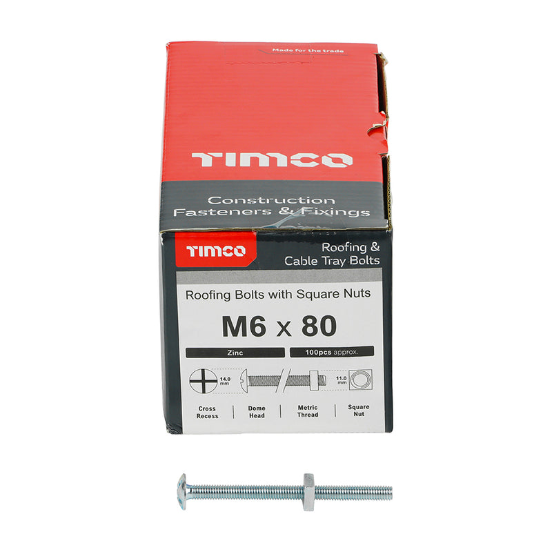 Timco | Roofing Bolts with Square Nuts M6 x 80 - Zinc