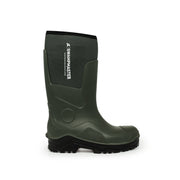 A green, mid-calf neoprene wellington boot with a black sole and the brand 'SWAMPMASTER' written on the side.