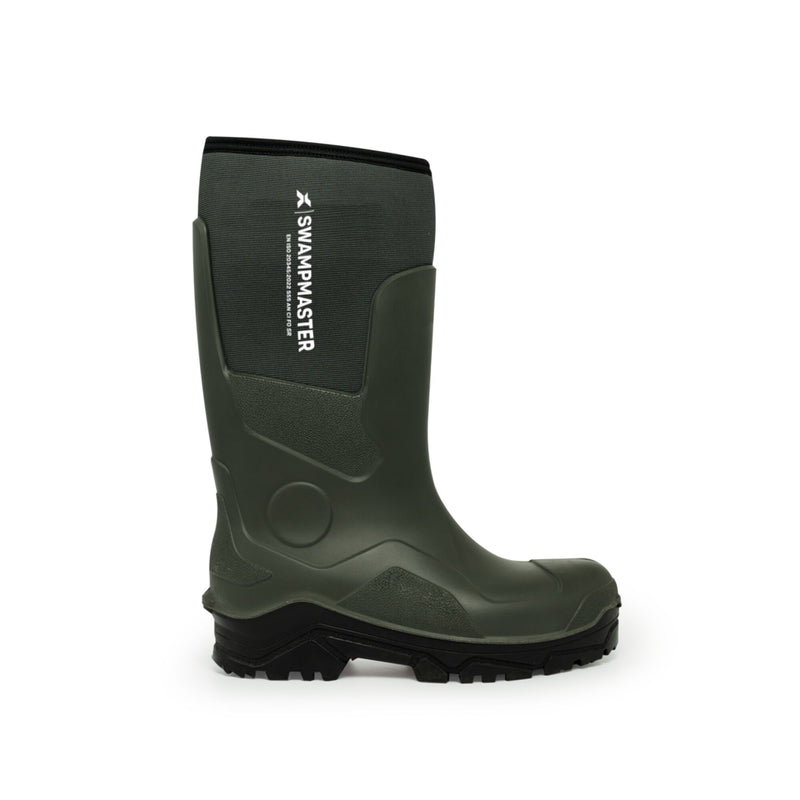 A green, mid-calf neoprene wellington boot with a black sole and the brand 'SWAMPMASTER' written on the side.