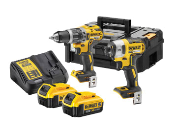 DeWalt power tool set with drill, battery, and charger on a white background
