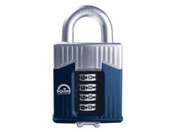 Blue and silver combination lock on a white background