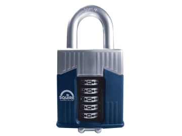 Blue and silver combination lock on a white background