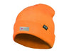 Orange beanie with a brand label on a white background