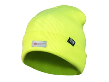 Fluorescent yellow beanie with 3M logo on a white background
