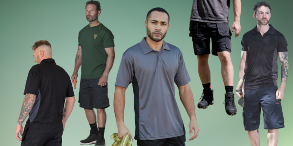 Man wearing a gray polo shirt and black shorts against a green background