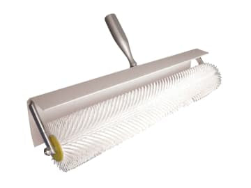 Cleaning brush with a white bristle head and metal handle on a white background