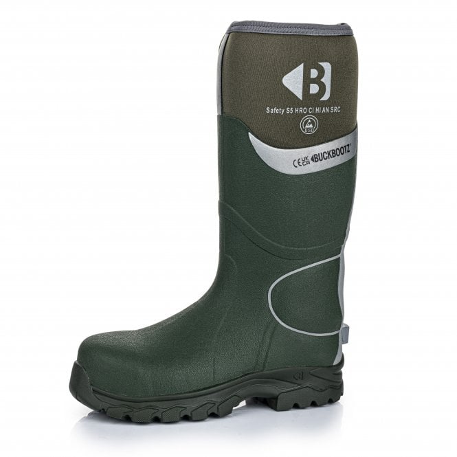Buckbootz S5 Green 360° Hi-Vis Neoprene/Rubber Safety Wellington Boot with Ankle Protection BBZ8000