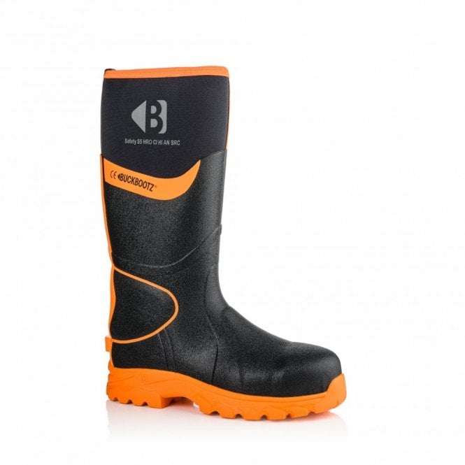Buckbootz S5 Black/Orange 360° Hi-Vis Neoprene/Rubber Safety Wellington Boot with Ankle Protection BBZ8000